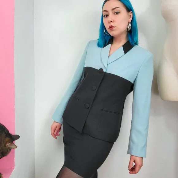 Vintage 90s Baby Blue & Black Colorblock Blazer Jacket - Picture 1 of 8